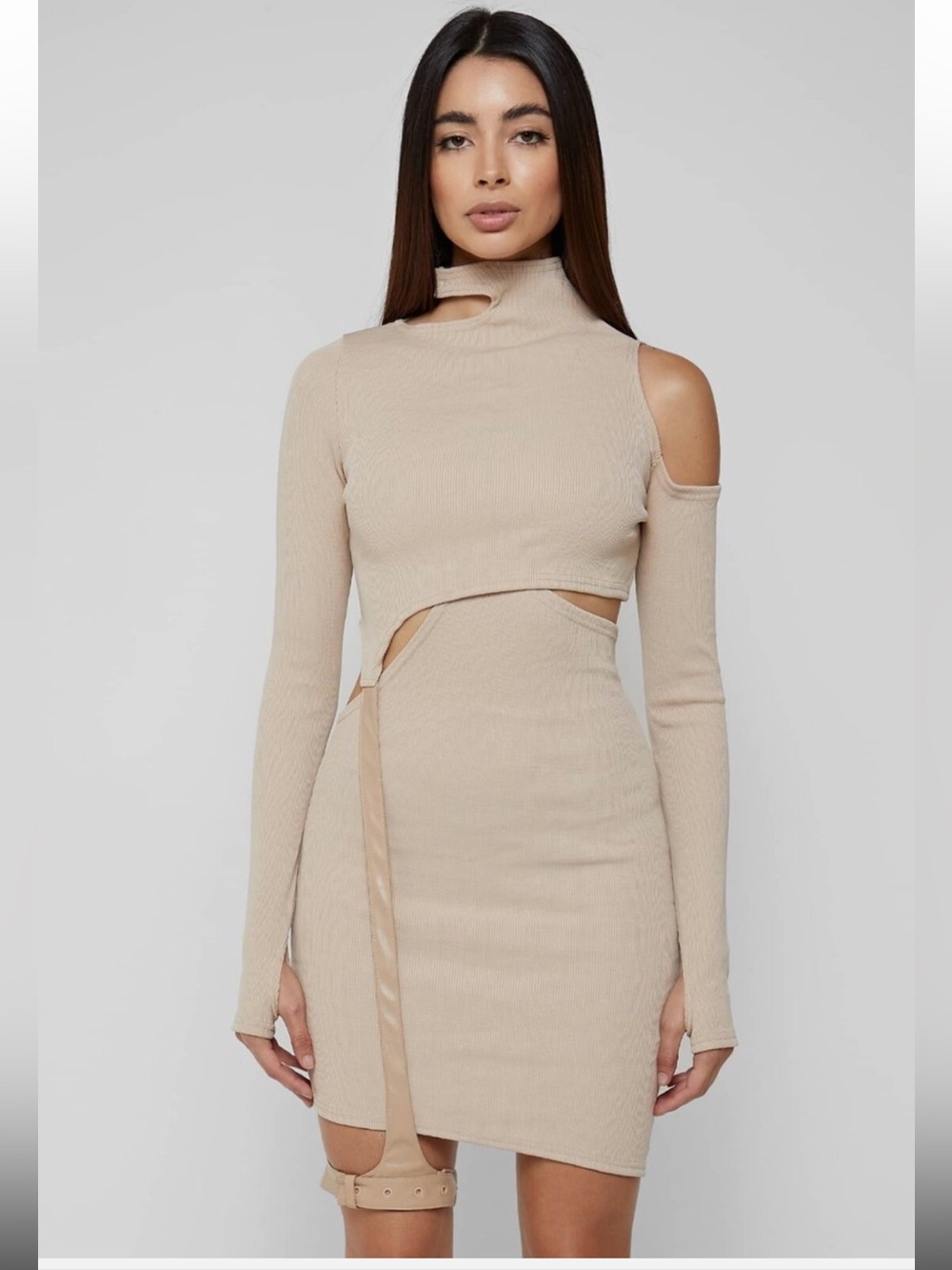 Manière De Voir Beige Cutout suspender Long Sleeve Bodycon Dress
